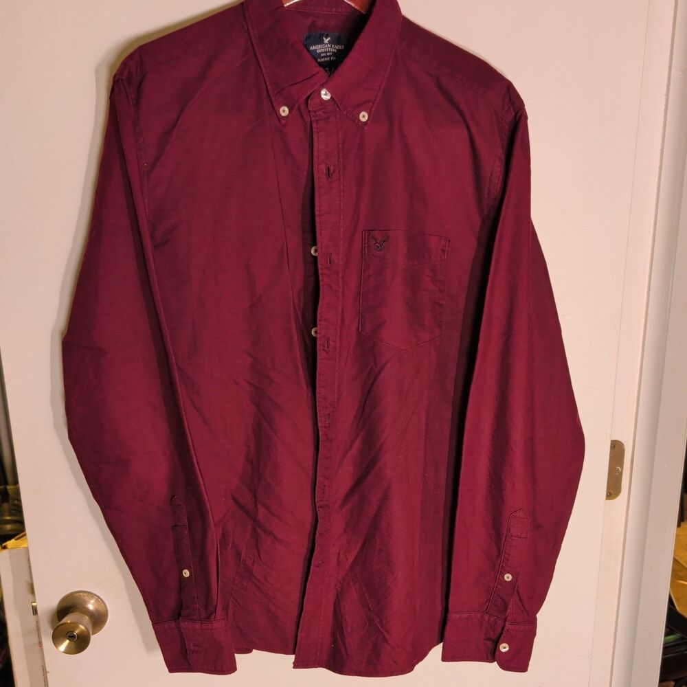 AMERICAN EAGLE Men's Burgundy Classic-Fit Button-Up Long Sleeve Shirt L